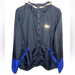 Saucony Hooded Windbreaker Jacket Black Blue Accents Size M EUC Lightweight